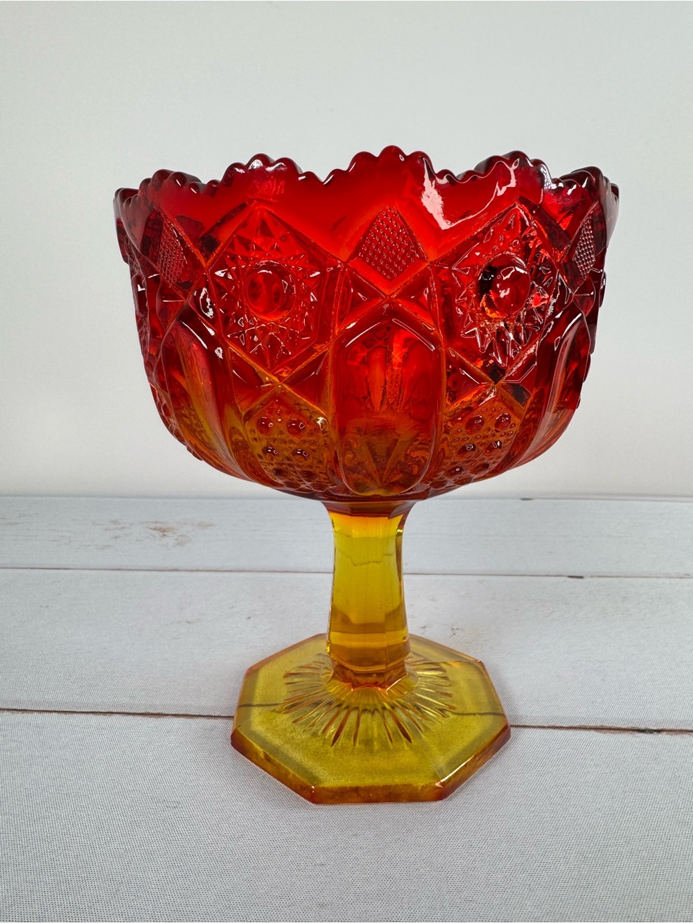 Vintage L.E. Smith Amberina Glass Quintec Straight Sided Compote Candy Dish Glow